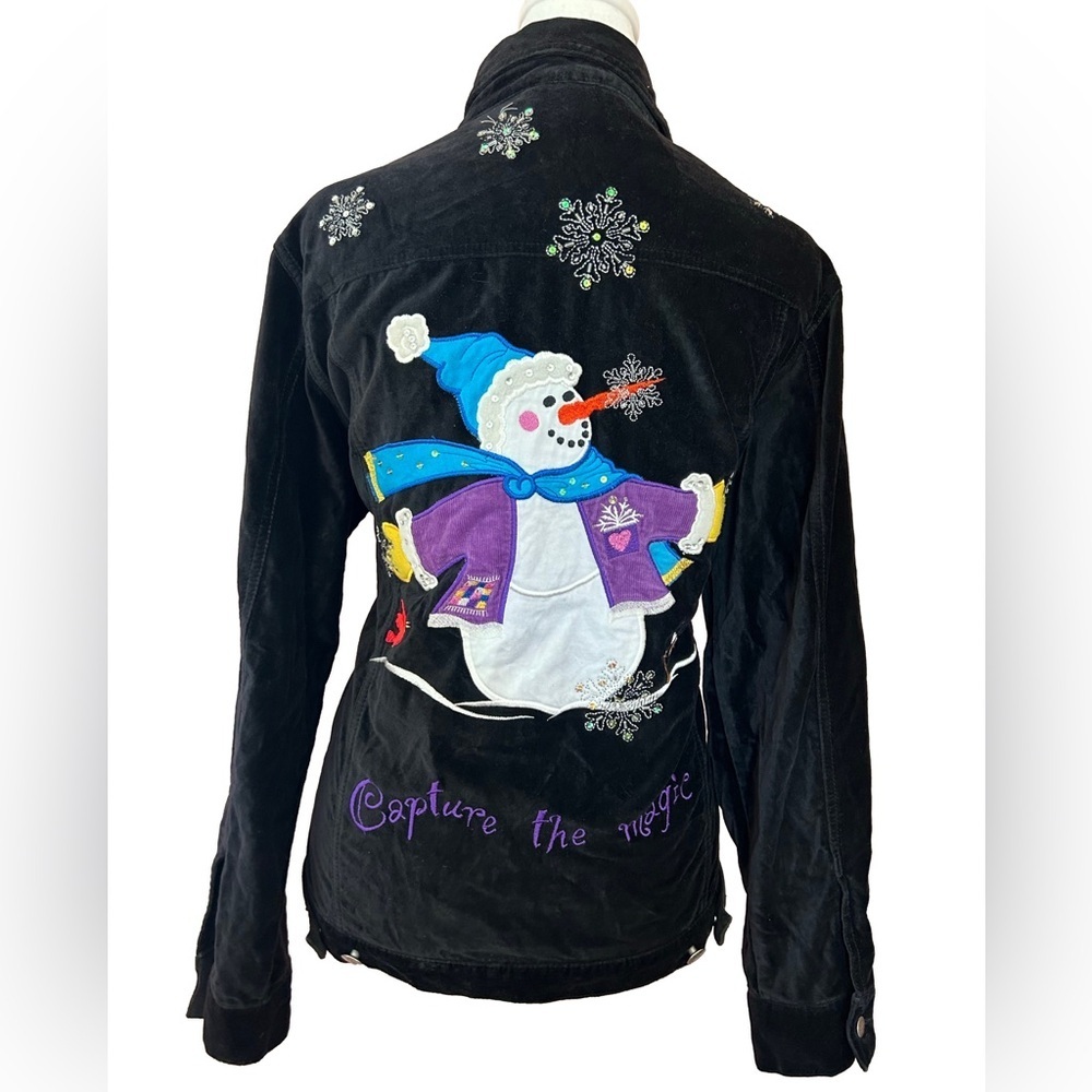 VTG 90s Quacker Fac. Christmas whimsical velvet snowman granny bling jacket L/XL